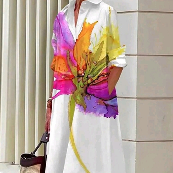Dresses & Skirts - Long Sleeve Shirt Collar Printed Element Design Young Women's Dress